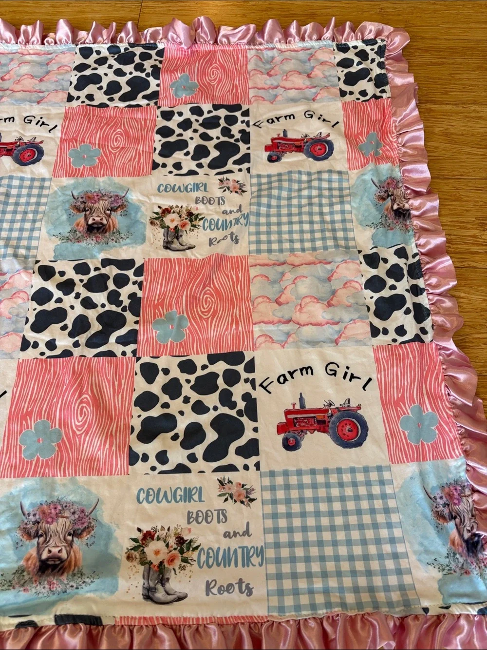 Boutique Western Cowgirl Farm Girl Minky Faux Quilt Baby Blanket - 32x32 rodeo